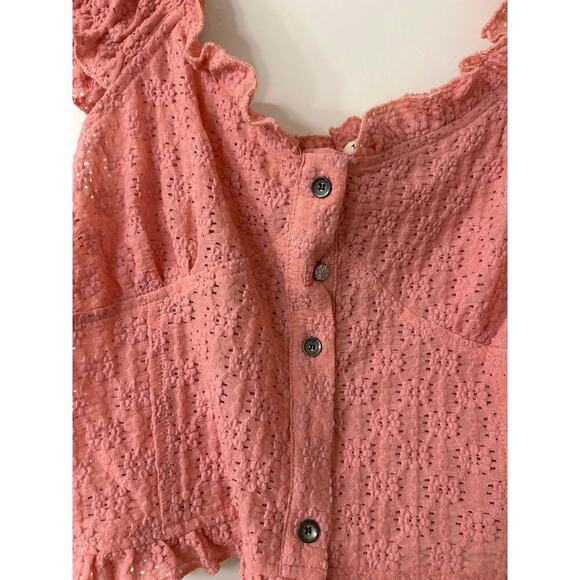 Pol Pink Embroidered Ruffle Cap Sleeve Smocked Cropped Top Large Coquette - Picture 10 of 11